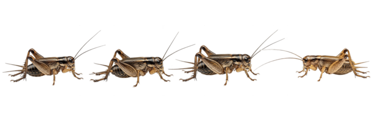 Set of Cricket Insect Collection, Realistic Brown Field Cricket Illustration in Multiple Poses, Isolated on Transparent PNG Background, Oil Paint