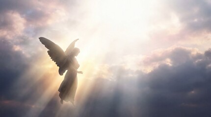 Angel figure with wings standing in sunlight surrounded by clouds  