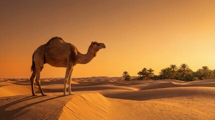 Camel standing in desert during sunset with warm golden tones  