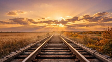Railroad tracks leading into sunset over open field in autumn  