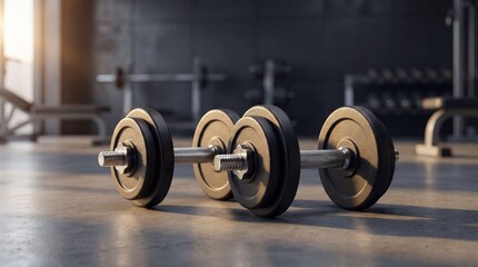 Dumbbells on gym floor in modern fitness center with natural light  