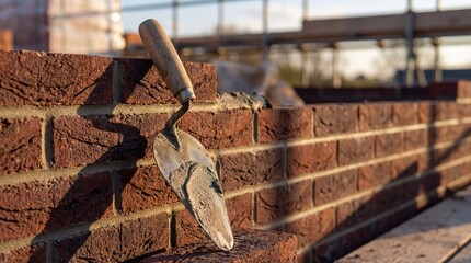 Bricklayer's trowel resting on newly constructed brick wall at sunset  