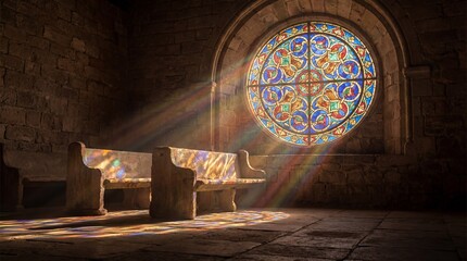Stained glass window casting colorful light on stone benches indoors  