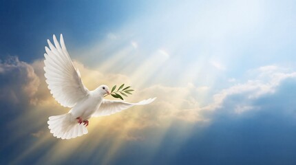 White dove flying with olive branch against bright sky  