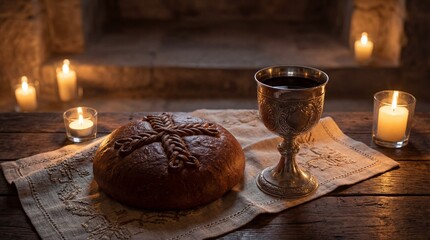 Bread loaf and chalice set on wooden table with candles glowing  