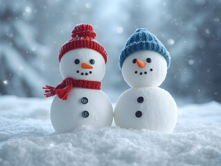 Obraz premium Two cheerful snowman figures standing together in snowy winter landscape with soft snowfall, festive Christmas atmosphere, warmth, joy, and seasonal holiday magic