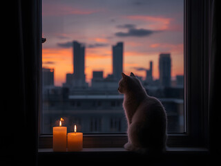 Cozy evening scene of a cat sitting by window with glowing candles, watching city skyline at sunset, calm urban mood, warmth, solitude, and reflective lifestyle