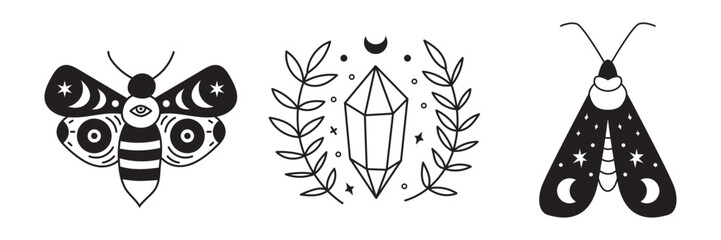 Celestial crystal and moth with mystic wings and boho symbols. Vector outline insect silhouette for witchy tattoo, sticker or spiritual crystal ritual design.