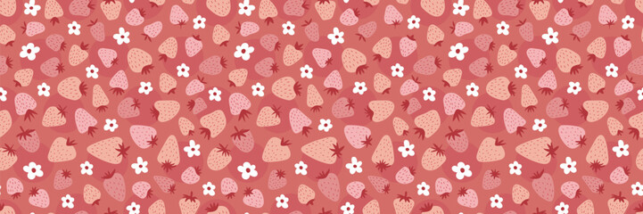 Seamless strawberry vector background with hand-drawn berries and flowers. Cute summer print for fabric, posters, or trendy fashion projects. Vibrant pink and red pattern design.