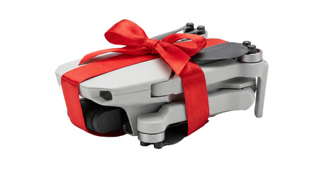 A grey foldable drone wrapped with a red gift bow, transparent background