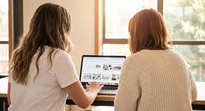 Young women looking at home decor online on laptop computer by window