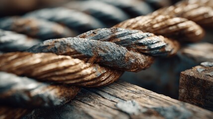 Close-up Image of Twisted Rope on Weathered Wooden Surface