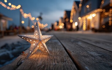 Sparkling Star Decoration on Wooden Dock at Twilight with Lights