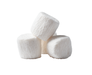 Stack of three fluffy, white, cubed, marshmallow candies