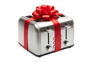 A stainless steel toaster wrapped with a red ribbon and bow, transparent background