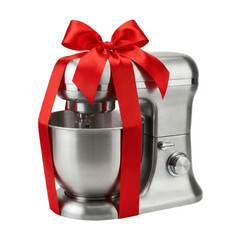 Modern stainless steel stand mixer with a festive red bow, transparent background
