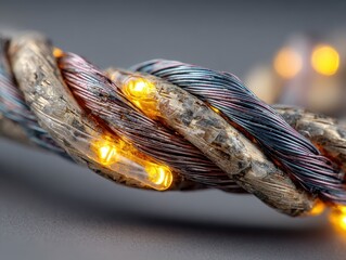 Twisted Copper Wire with Glowing LED Lights on a Dark Background