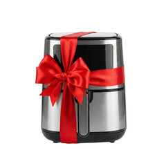 Modern Air Fryer Gift Wrapped with Red Ribbon, transparent background