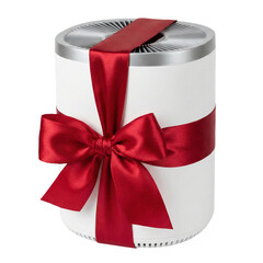A white cylindrical air purifier wrapped with a red ribbon and bow, transparent background