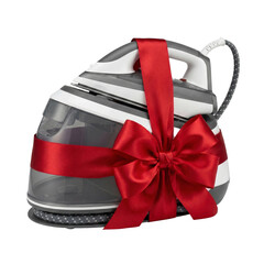 Modern Steam Generator Iron Wrapped with a Red Ribbon, transparent background