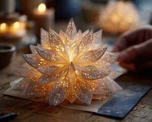 Intricate Paper Art Lantern with Gentle Glow on Rustic Table