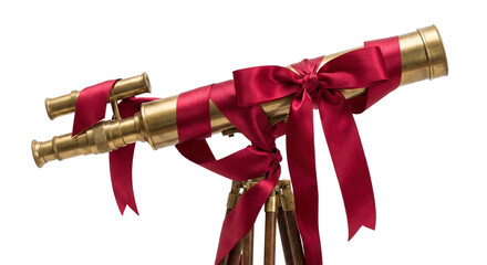 A vintage brass telescope wrapped in a festive red ribbon, transparent background
