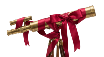 A vintage brass telescope wrapped in a festive red ribbon, transparent background