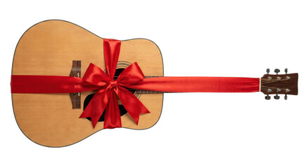 Acoustic guitar with a red ribbon and bow, transparent background