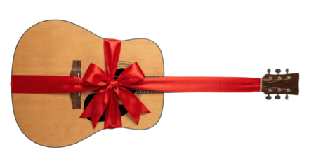 Acoustic guitar with a red ribbon and bow, transparent background