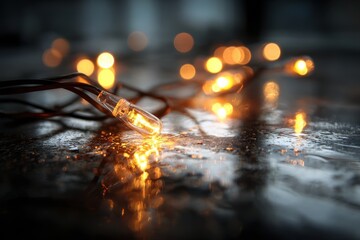 Warm Glow of String Lights Reflecting on a Wet Surface