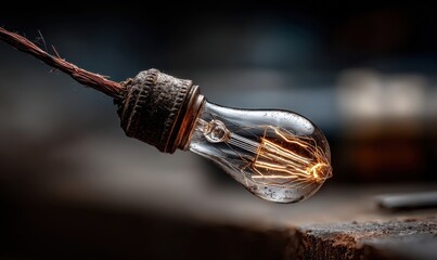 Vintage Light Bulb with Glowing Filament and Rustic Setting