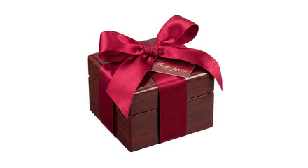 Elegant wooden gift box with red ribbon, transparent background