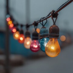 Colorful String Lights Hanging Outdoors with Soft Evening Glow