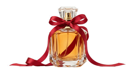 Elegant perfume bottle with a red ribbon bow, transparent background