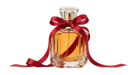 Elegant perfume bottle with a red ribbon bow, transparent background
