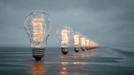Series of Vintage Light Bulbs Illuminating a Wet Surface Landscape
