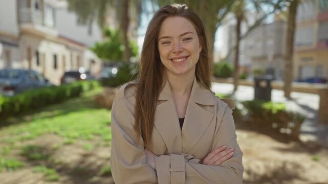 Woman smiling with crossed arms wearing beige trench coat in sunlit park with green grass; rejection.