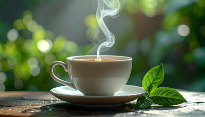 Steam rising from a white coffee cup garnished with green leaves
