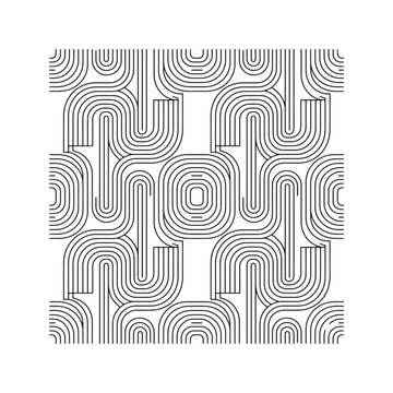 Abstract geometric line art pattern featuring black parallel curved lines and arches on a beige background, mid-century modern boho style vector illustration for wall art, poster, or textile design.
