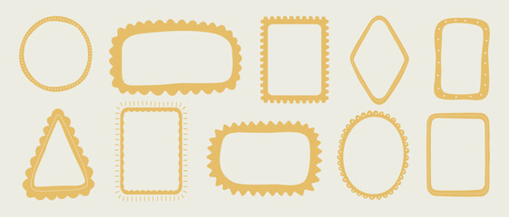 Cute hand drawn doodle frames and borders set in mustard yellow, vector collection of various decorative shapes for modern design.