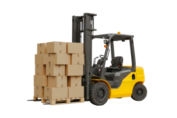 Powerful yellow forklift loading boxes, ready for shipping and distribution in warehouse operations for supply chain efficiency