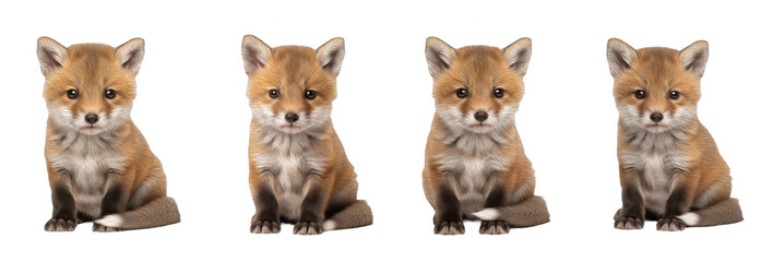 Set / Collection of cute baby fox cubs sitting in different poses, realistic wild animal illustration, isolated on transparent PNG background, oil paint