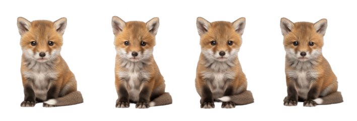 Set / Collection of cute baby fox cubs sitting in different poses, realistic wild animal illustration, isolated on transparent PNG background, oil paint
