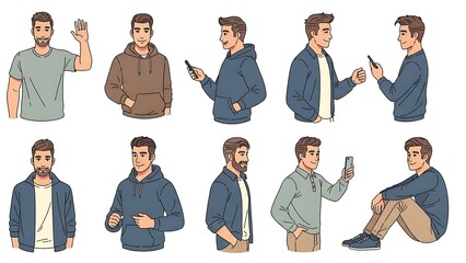 Handdrawn Cartoon Men Diverse Poses and Expressions Character Set Illustration