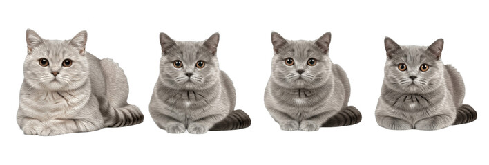 Set / Collection of realistic gray domestic cat poses sitting and resting, detailed feline illustration, isolated on transparent PNG background, oil paint