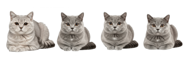 Set / Collection of realistic gray domestic cat poses sitting and resting, detailed feline illustration, isolated on transparent PNG background, oil paint