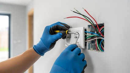 hands of electrician installing electrical socket with new home