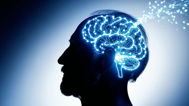 A silhouette of a man's profile with a glowing blue network of lights and dots representing brain activity