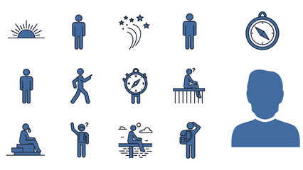 A collection of blue icons depicting people in various activities, a compass, sunrise, and fireworks, representing daily life and exploration.