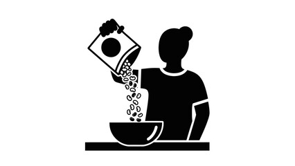 Silhouette of a person pouring breakfast cereal from a box into a bowl.